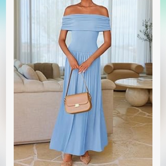 Elegant Off-Shoulder Light Blue Dress - Picture 1 of 6